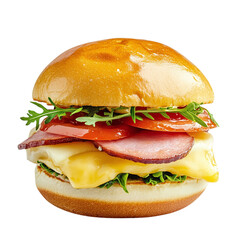 Ham-and-cheese breakfast slider sandwich, gourmet detail, isolated transparent background.