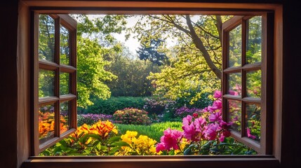 Open Window: Vibrant Garden View, Serene Spring Bloom