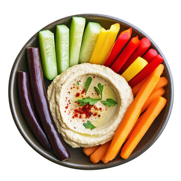 Healthy hummus dip accompanied by colorful vegetable sticks, isolated transparent background.