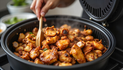 Delicious stir-fried octopus in cooking pot, culinary delight