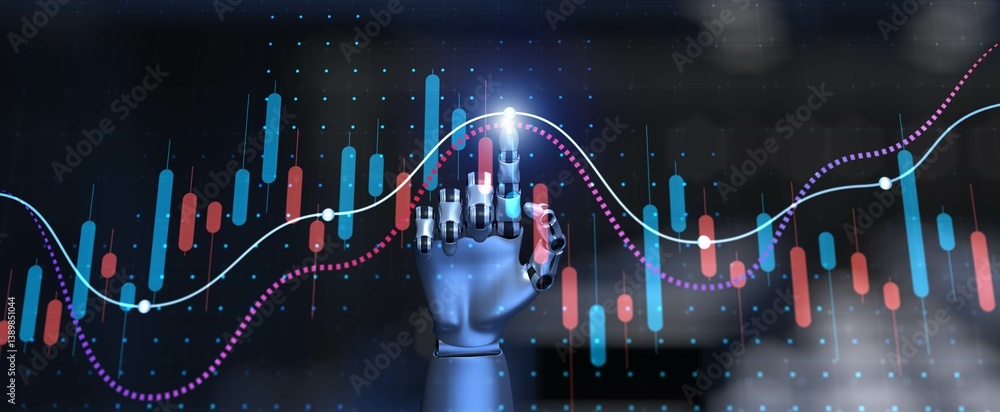 Aufkleber advanced financial analysis with robotic precision and market trend visualization. 3d render.