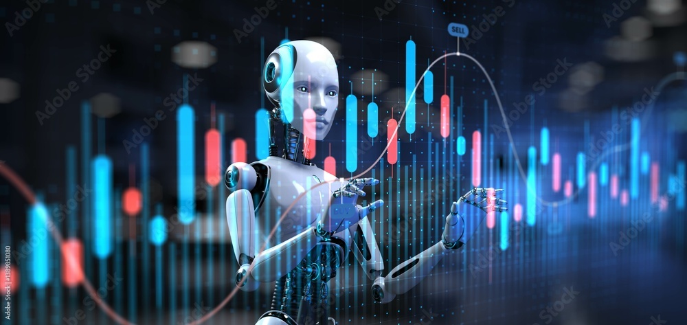 Poster advanced ai in financial trading and market analysis with robotic assistance. 3d render.