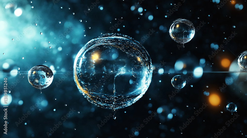 Poster celestial bubbles: an abstract view of translucent bubbles, floating serenely amidst the vastness of