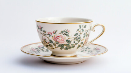 A vintage porcelain tea cup with a floral pattern
