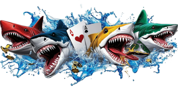 Illustration Of Colorful Sharks Emerging From Water With Poker Cards Closeup