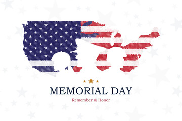 Memorial Day banner with USA map and flag with silhouettes soldier on a background with stars.