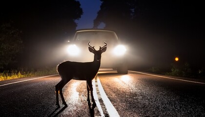 deer silhouetted against car headlights on a dark road
