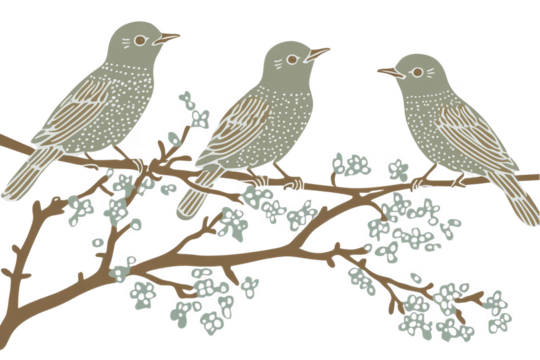 Illustration Of Three Gray Birds Perched On A Branch With Flowers Against Isolated Transparent Background