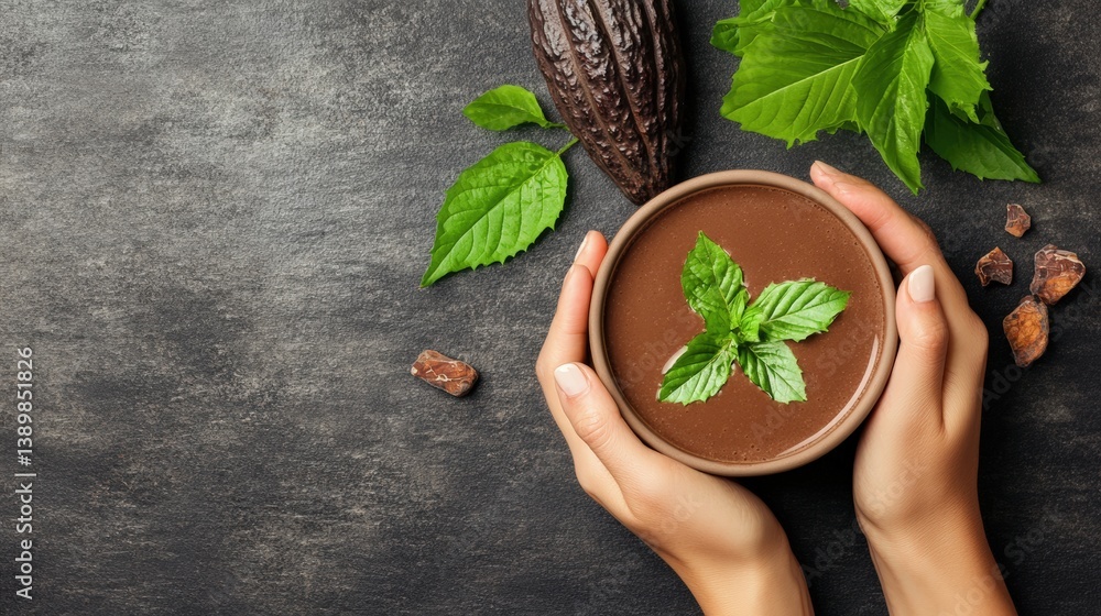 Poster Overhead View of Hands Cradling Bowl of Dark Chocolate with Mint Garnish Surrounded by Cocoa Pods Leaves and Nibs on Dark Grey Surface Table