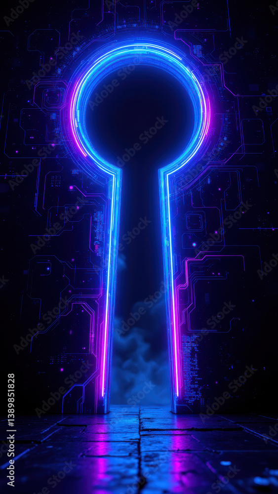 Poster cybersecurity keyhole with digital neon glow on a networked background.
