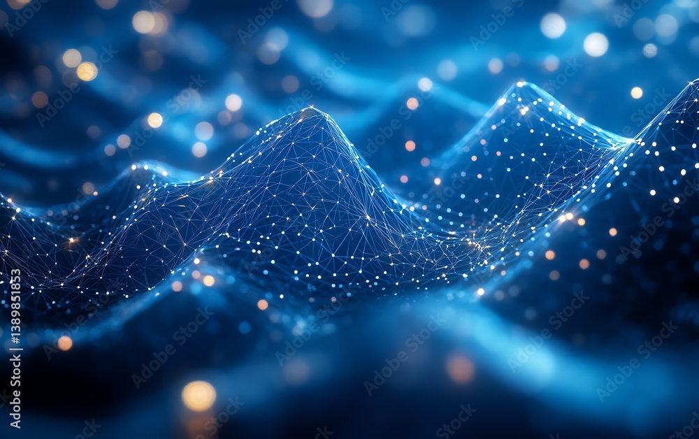 Poster modern cybersecurity visual, polygonal lock made of triangle grids and point links, immersive blue n