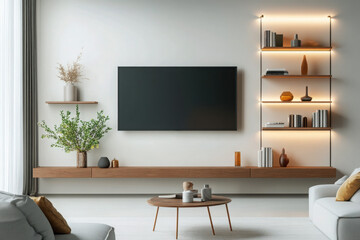 A minimalist living room with light wooden floating shelves, a modern white entertainment center, and a neutral-toned area rug creating a clean and stylish space