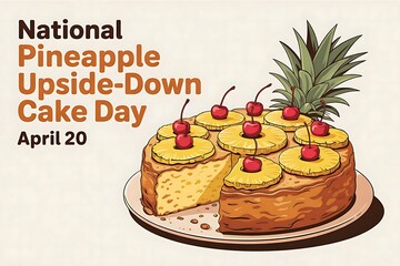 A delectable pineapple upside-down cake celebrating National Pineapple Upside-Down Cake Day on April 20th with a vibrant, hand-drawn illustration style.