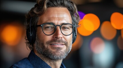 Male consultant with headset managing IT and customer support queries in an office setting during the day