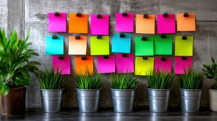 Colorful sticky notes on a wall, with potted plants