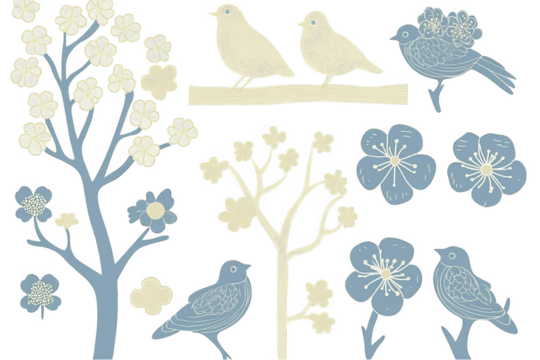 Isolated Birds Floral Tree Elements Illustration On Transparent Background