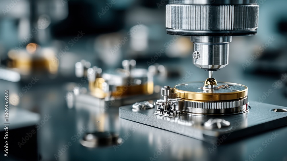Poster close up view of precise machinery assembling tiny metallic watch components.
