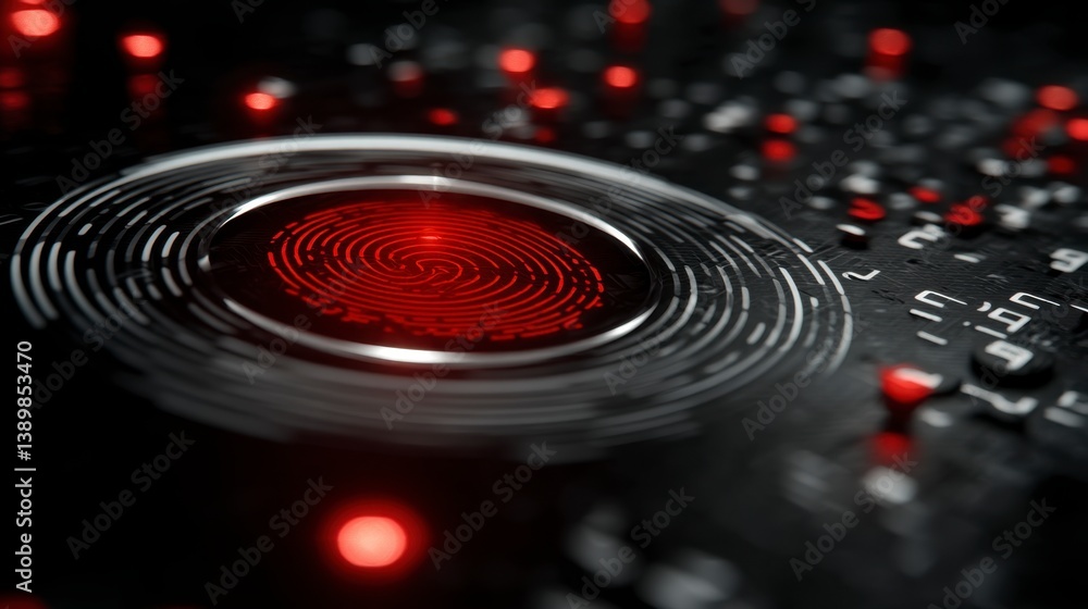 Poster close up of a red fingerprint scan on a dark metallic surface with glowing red lights.