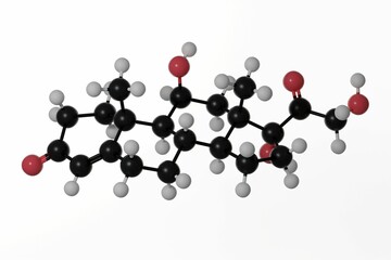 3d render of ball-and-stick molecular model of Cortisol with white background