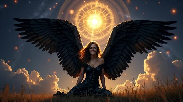 Animated ethereal fantasy scene of a female fallen angel with large black wings smiling and sitting on the grass with a symbolic bright star in the backdrop