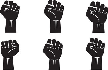Fist silhouette set, sign of power, strength, isolated on white, raised and closed fist icons, strength, power and solidarity, Raised fist, sign of power, isolated on white