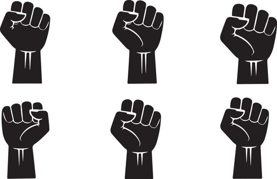 Fist silhouette set, sign of power, strength, isolated on white, raised and closed fist icons, strength, power and solidarity, Raised fist, sign of power, isolated on white