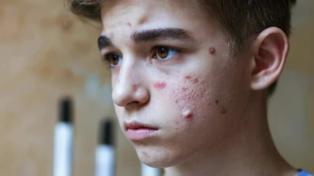 Worried Teenage Boy with Acne Looking Down in Close-up Shot Video. Skin Problems, Facial Issues Motion Picture. Caucasian Teenager Pimple Treatment Stock Footage.