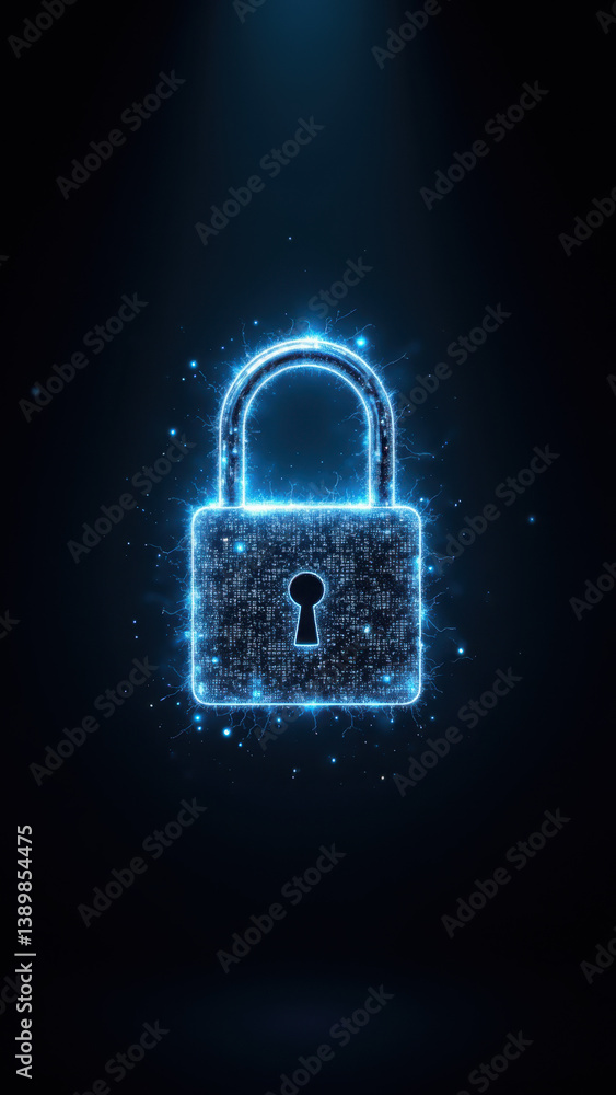 Poster a graphic illustration representing cybersecurity with a digital lock and key on a dark background w