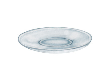 Watercolor illustration of a glass saucer. Suitable for tea packaging, menus, cookbooks, postcards, textiles, cafes, restaurants, label design, and decor.