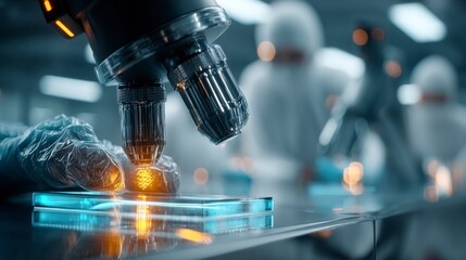 Close up of robotic arm manipulating small object on a glass surface in a futuristic industrial setting. Workers in protective suits are blurred in the background.