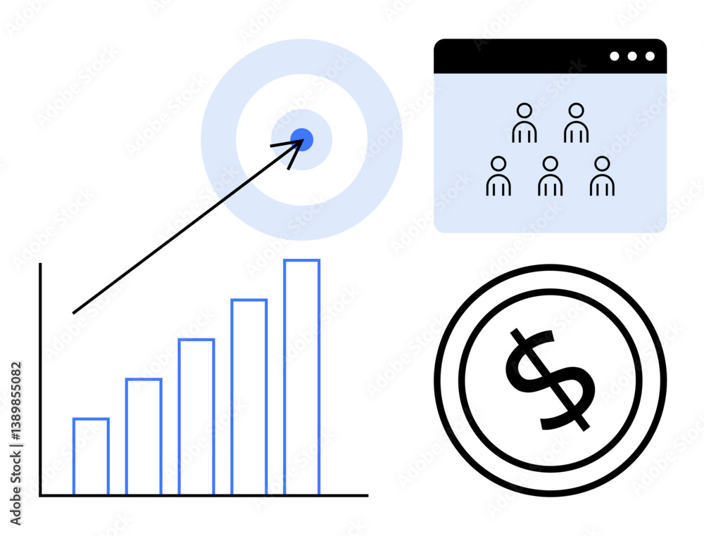 Poster bar chart growth with upward arrow targeting a bullseye, team group in a browser, and dollar icon. i