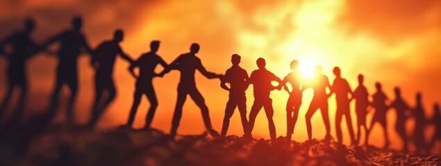 Fototapeta premium Silhouettes of diverse people holding hands at sunset, symbolizing unity and togetherness.