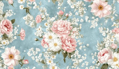 Pastel floral bouquet print on a light blue backdrop