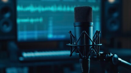 Pro black condenser microphone stands out against blurry turquoise audio waveform background. Audio tech equipment for vocal recording conference call. Studio setting suggests music production
