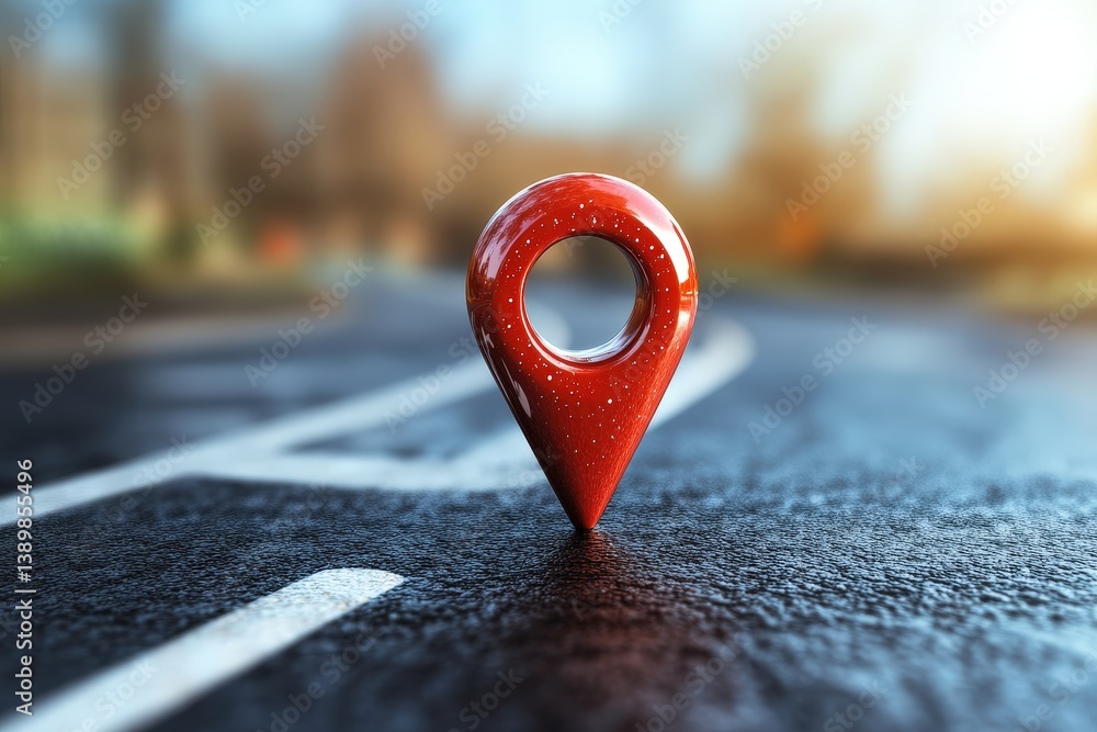 Poster red location marker on a wet road with soft background lighting