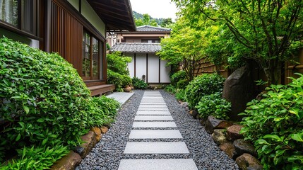 Fototapeta premium Tranquil japanese backyard garden pathway nature haven stone walkway serene environment captured in gigapixel quality