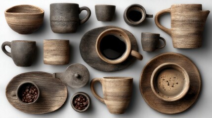 Overhead shot of rustic stoneware coffee set, various mugs, bowls and dishes with coffee beans, on light gray background.