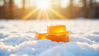 Maple syrup taffy glistening on snow during sunny winter day, playful treat