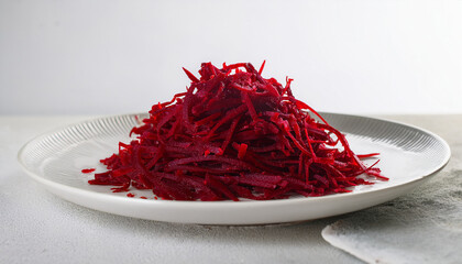 Vibrant shredded beetroot in ceramic plate. Tasty vegetable. Organic and fresh.