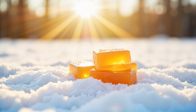 Maple syrup taffy glistening on snow during sunny winter day, playful treat