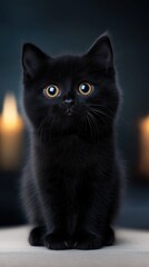 Curious black kitten with striking eyes gazes intently in a softly lit room