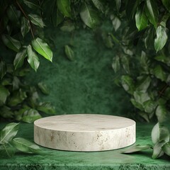 Natural stone and concrete podium in Natural green background for Empty show for packaging product presentation. Background for cosmetic products, the scene with green leaves.
