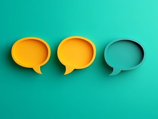 Three speech bubbles sit on a plain teal colored surface