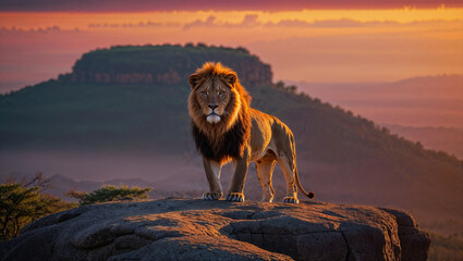 Leone maschio sulla cima di una montagna osserva la savana africana al tramonto