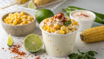 A vibrant close-up showcases a cup of creamy elote, corn with toppings, and fresh lime.