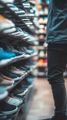 Naklejka premium Casual shoe selection in store aisle by young male shopper