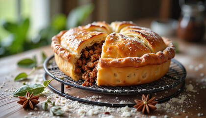 Homemade tourtière meat pie with savory filling, rustic ambiance