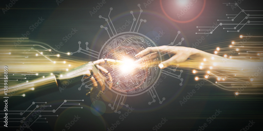 Poster technology background. digital communication concepts and the connection between humans and artifici
