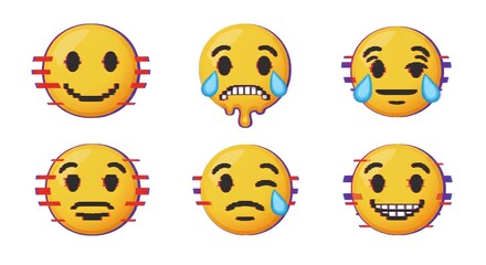Various yellow emoji faces displaying different emotions with glitch effect on a white background