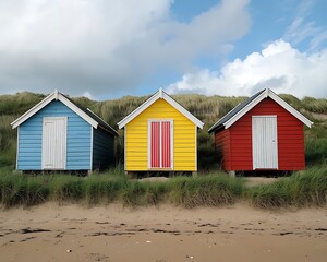 Three colorful beach huts sit on a grassy sandy dune